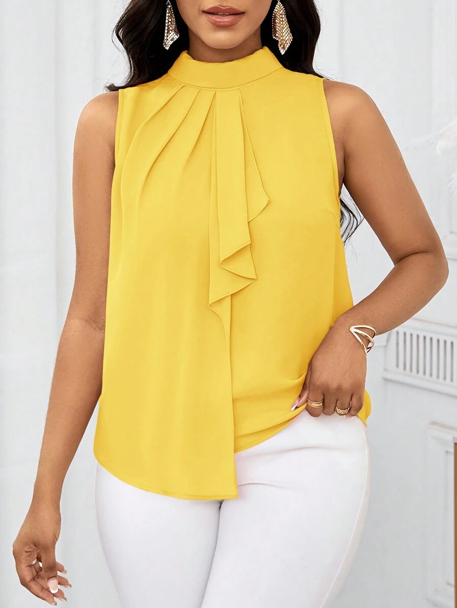 SHEIN Lady Women's Yellow Ruffled Open Shoulder Short Blouse Top ...