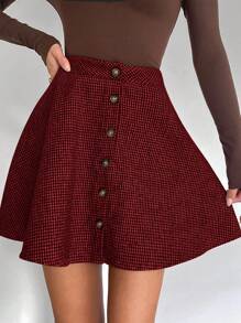 SHEIN Essnce New Autumn/Winter Classic Maillard Houndstooth Print A-Line Mini Skirt For Women - Red - View 5