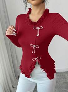 Elenzga Women's Bow Decor Frill Trim Long Sleeve Casual T-Shirt - Red - View 6