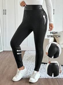SHEIN Frenchy Plus Size Women Leopard Print High Waist Skinny Leggings, Winter