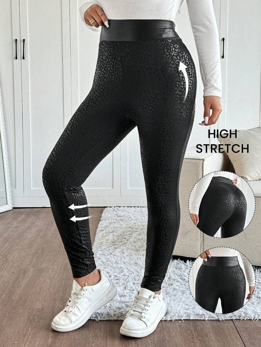SHEIN Frenchy Plus Size Women Leopard Print High Waist Skinny Leggings, Winter