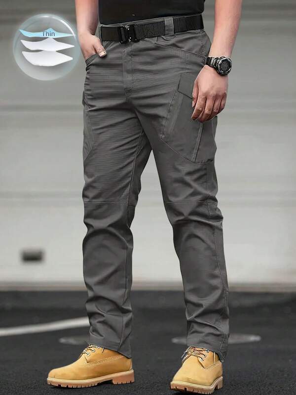 Manfinity Homme Men Fashionable Casual Solid Color Pocket Design Versatile Straight Trousers, Plain Work Long Dark Grey Cargo Pants, For Husband, Boyfriend Gifts