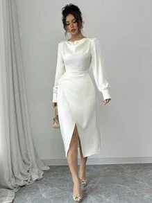 Elenzga Vestido feminino com decote drapeado e bainha cruzada - Champagne - Ver 5