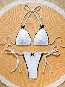 Completo bikini casual e semplice da ragazza con fiocco e pizzo, adatto per vacanze al mare e stile Y2K, per primavera/estate - Bianco e nero - Visualizzare 3