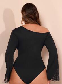 SHEIN BAE Bodys de mujer talla grande con encaje en parches, asimétrico, hombros descubiertos, manga larga, adecuado para citas, Navidad, Día de San Valentín