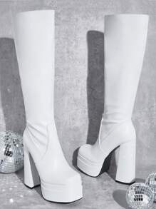 SHUZIA Women's Fashion Double Stacked Platform Knee High Round Toe Boots Summer Shoes Spring Shoes Spring Break Easter For Christmas - White - View 2