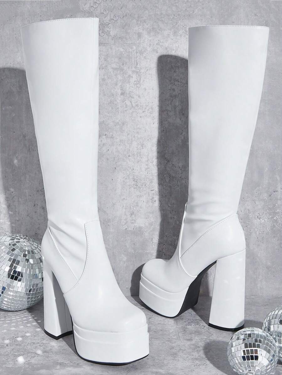 SHUZIA Women's Fashion Double Stacked Platform Knee High Round Toe Boots Summer Shoes Spring Shoes Spring Break Easter For Christmas Valentine's Day - White - View 1