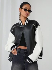 Manfinity VCAY Unisex PU Leather Contrasting Baseball Collar Jacket, For Fall Winter - Black and White - View 5