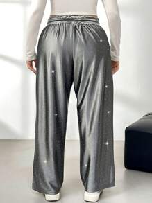 SHEIN Privé Pantalones deportivos de felpa con adornos de strass para uso casual diario de mujer, atuendo adecuado para el Día de San Valentín, citas casuales, conciertos, fiestas, estilo universitario retro de INS, primavera y otoño de 2025, Año Nuevo, fiesta, estilo elegante de hada de oficina, pantalones de fiesta de Año Nuevo con lentejuelas