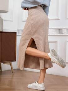 INAWLY 女士休闲日常开衩针织裙，秋冬 - 駝色 - 查看 2