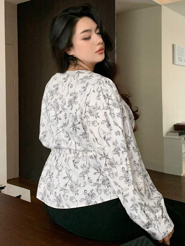 Dazy Plus Plus Size White Holiday Flower Print V-Neck Tie Waist Elegant Blouse, Spring/Summer,Fall Clothes Graphic Tee