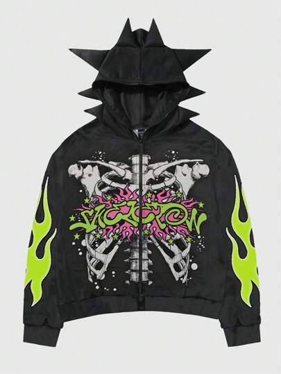 Street Life Sudadera con capucha con cremallera y manga larga, estampado de esqueleto de dibujos animados para hombre, otoño