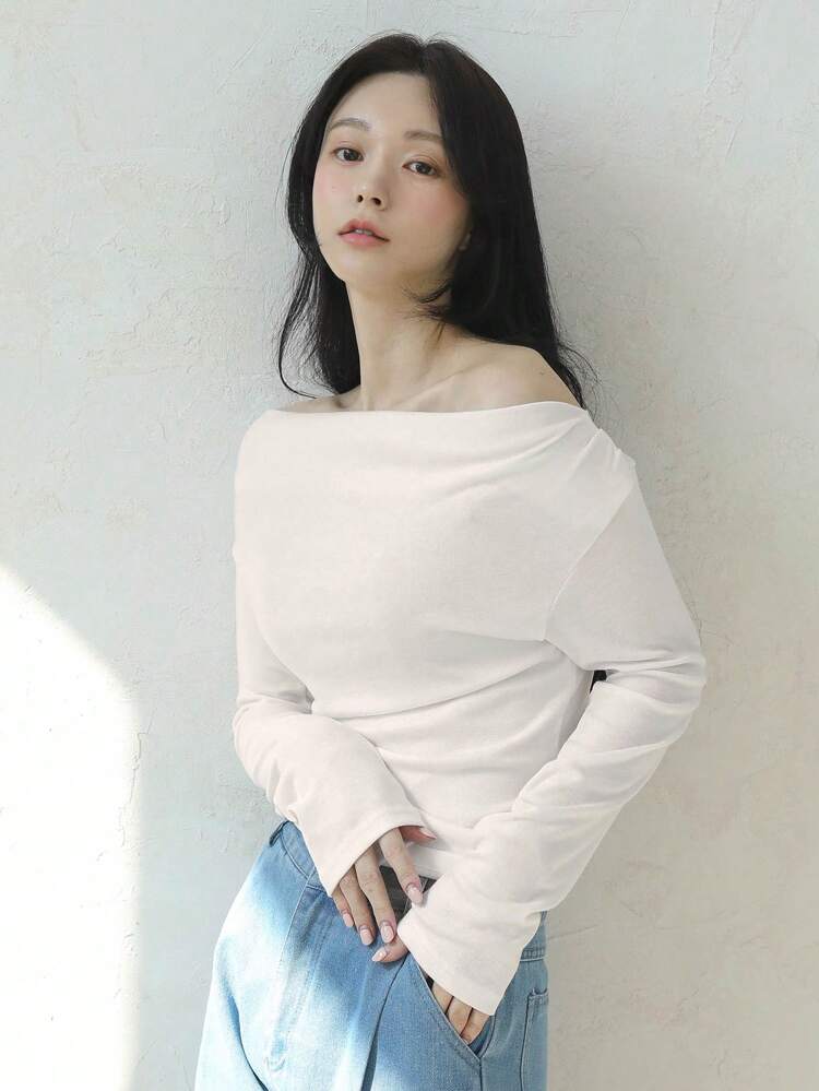 1pc Women's Fitted Solid Color Off-Shoulder Elegant T-Shirt Long Sleeve Women Tops,Fall Women Clothes