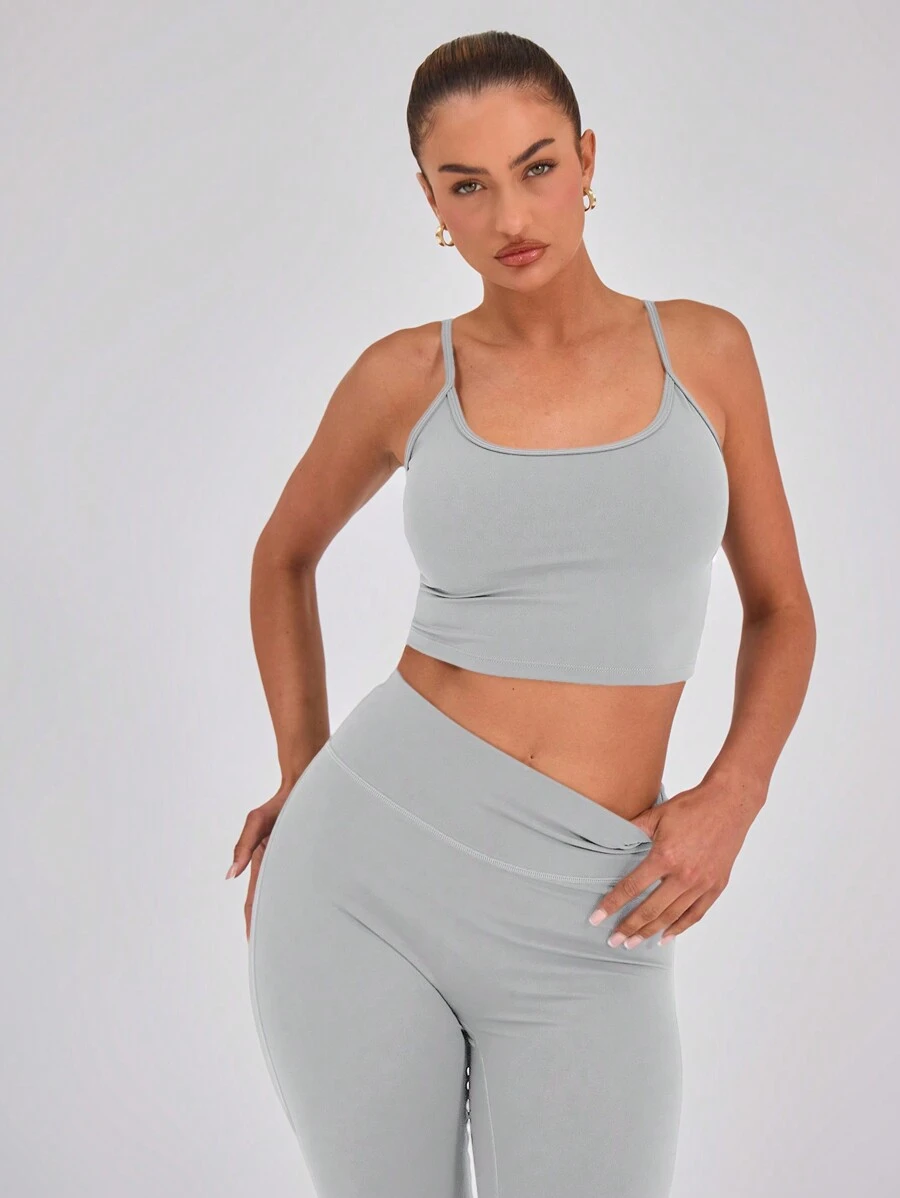 Musera Sport Slinky Spaghetti Strap Activewear Crop Cami Top Only, Padel, Tennis, Pickleball Gym Fitness Fall Winter - Light Grey - View 1