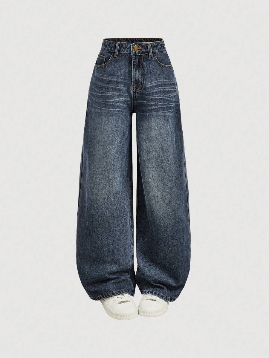 SHEIN Girlism Quần jeans ống rộng phong cách Y2K vintage, quần denim ống rộng Harajuku K-Pop, quần dài phong cách retro những năm 2000, thích hợp cho mùa xuân và mùa thu, mùa hè, phong cách Boho, lễ hội âm nhạc, tiệc tùng. - Rửa tối - Xem 1