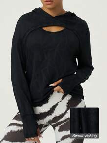 SHEIN Sports 女士黑色镂空极简休闲卫衣长袖上衣 - 黑色 - 查看 1