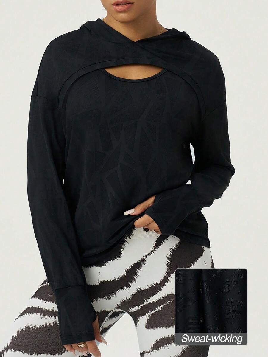SHEIN Sports 女士黑色镂空极简休闲卫衣长袖上衣 - 黑色 - 查看 1