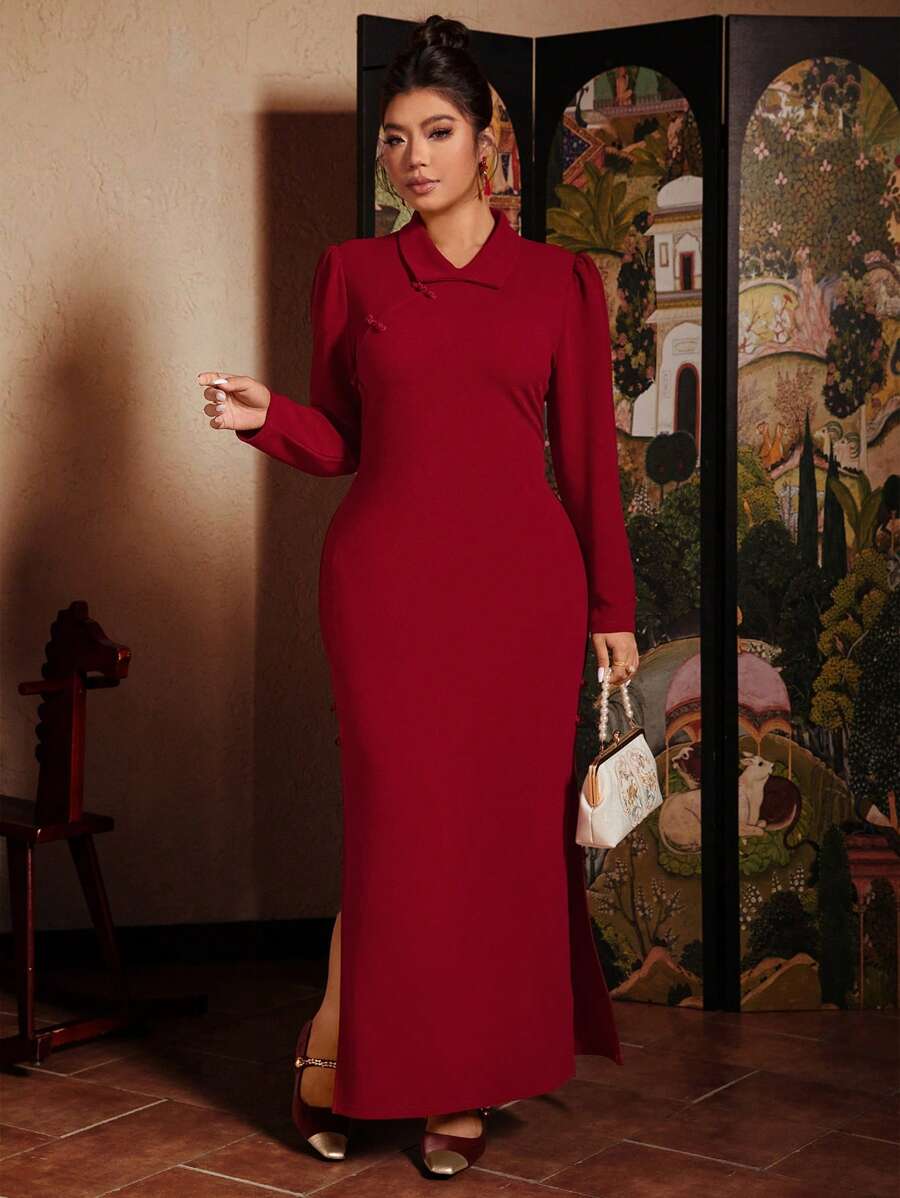 SHEIN VCAY Robe à manches longues pour femmes de grande taille avec col, couleur unie élégante - Rouge - Voir 1