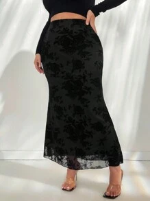 SHEIN Privé Plus Size Elegant Mermaid Hemline Knitted Flocked Fabric Stretchy Long Skirt For Women, Autumn/Winter