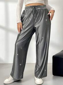 SHEIN Privé Pantalones deportivos de felpa con adornos de strass para uso casual diario de mujer, atuendo adecuado para el Día de San Valentín, citas casuales, conciertos, fiestas, estilo universitario retro de INS, primavera y otoño de 2025, Año Nuevo, fiesta, estilo elegante de hada de oficina, pantalones de fiesta de Año Nuevo con lentejuelas