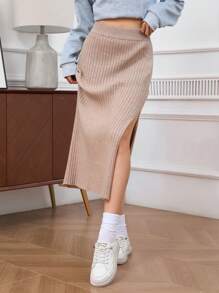 INAWLY 女士休闲日常开衩针织裙，秋冬 - 駝色 - 查看 5