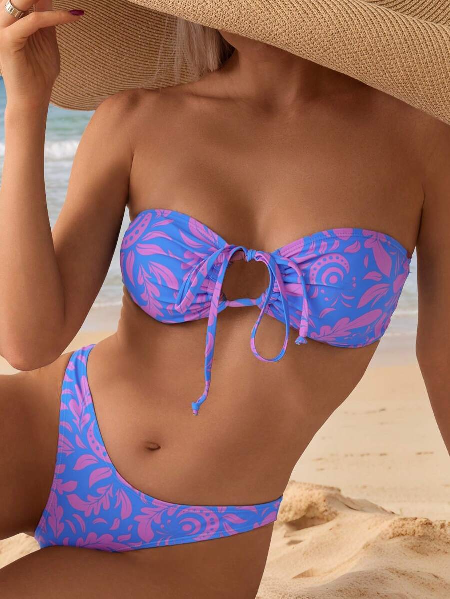 SHEIN Swim 女士度假植物印花露肩镂空性感比基尼套装，前系带，两件套比基尼套装，夏季海滩 - 彩色 - 查看 1
