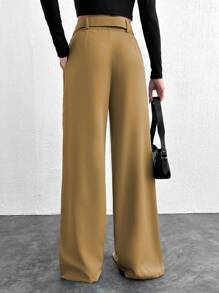 EURMUSE 适合日常穿着的女士纯色腰带休闲口袋西装裤 - 駝色 - 查看 2