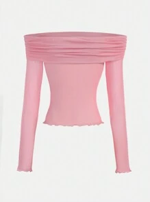 SHEIN TEENGIRL Off-Shoulder Ruched Mesh Fitted T-Shirt In Pink, Street Style And College Look - Pink - View 2