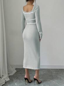 Chiquease Nuovo abito-maglia elegante e sexy, con scollo quadrato, orlo con spacco, effetto snellente, con laccetto, per donna