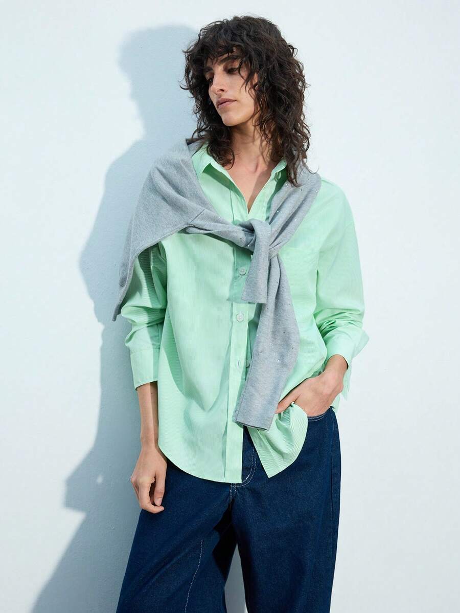 Maija Áo sơ mi dài tay trễ vai, dáng rộng thoải mái, họa tiết sọc xanh bạc hà dành cho nữ, phong cách thành thị hiện đại, phù hợp cho mọi mùa, - màu xanh lá - Xem 1