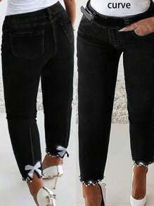 Jeans skinny grande taille personnalisés avec nœud strass, mode jeune - Noir - Voir 1