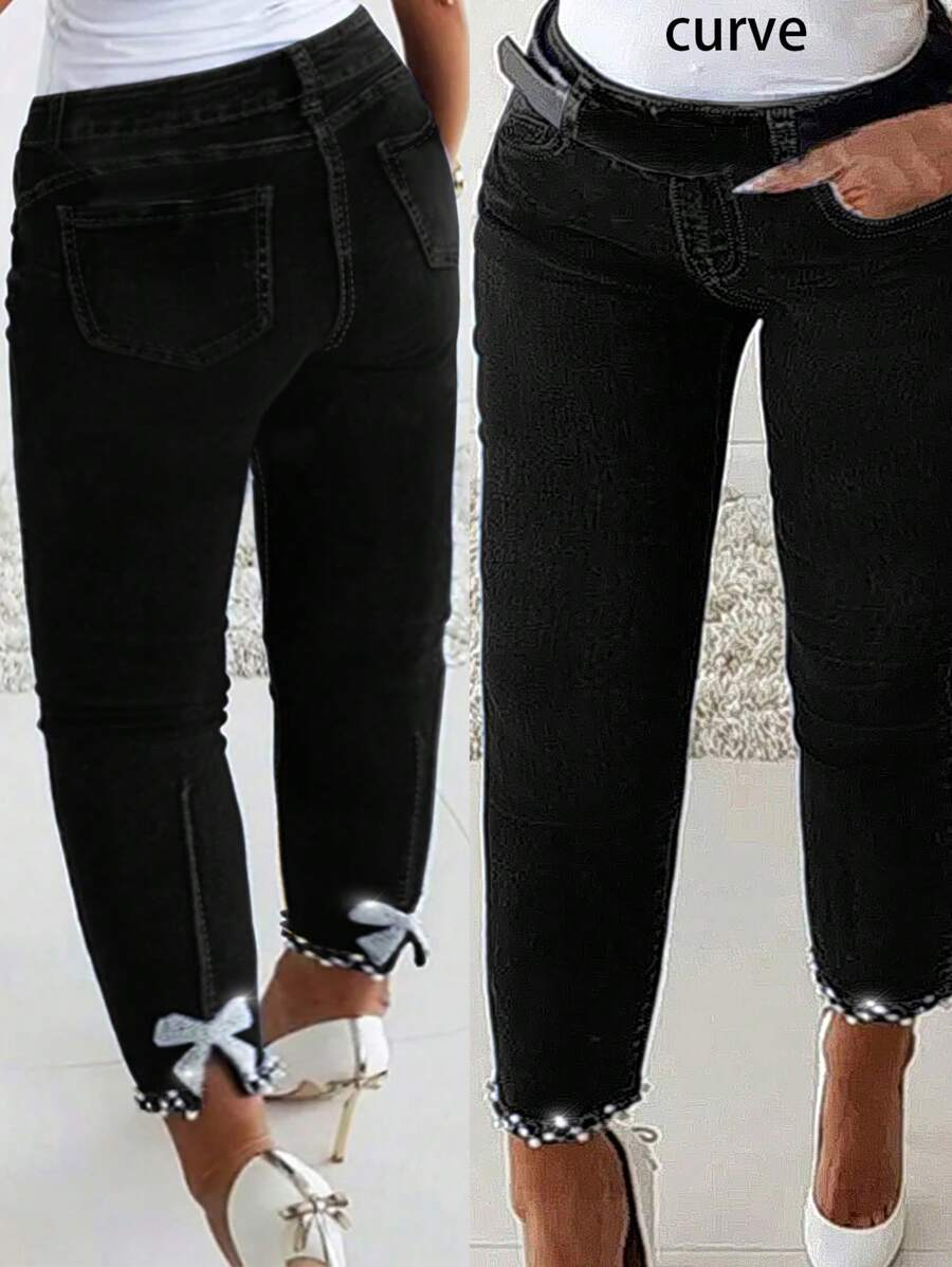 Jeans skinny grande taille personnalisés avec nœud strass, mode jeune - Noir - Voir 1