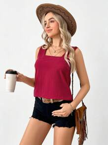 EMERY ROSE Linen Solid Color Square Neck Sleeveless Shirt, Vacation Casual - Burgundy - View 5