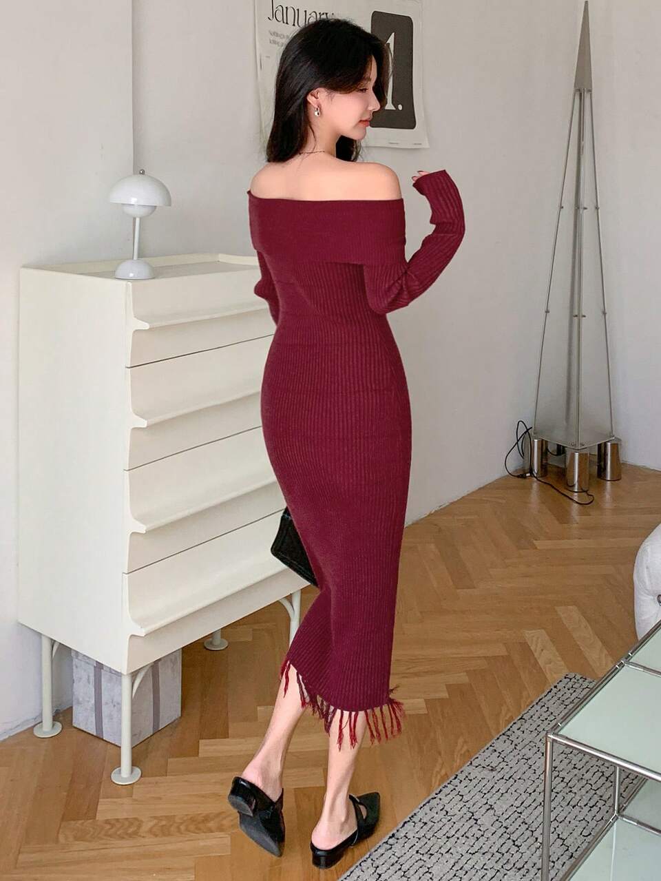 Solid Color Off Shoulder Tassel Women Sweater Dress, Suitable For Chinese New Year And Valentine's Day,Fall Clothes Red Women Dresses