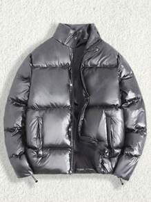 RueChic Men Solid Zip-Up Drawstring Hem Regular Padded Coat - Dark Grey - View 1