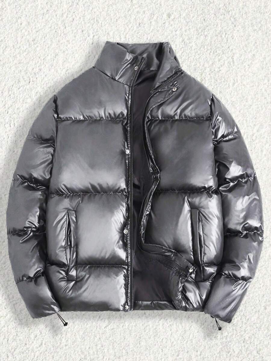 RueChic Men Solid Zip-Up Drawstring Hem Regular Padded Coat - Dark Grey - View 1