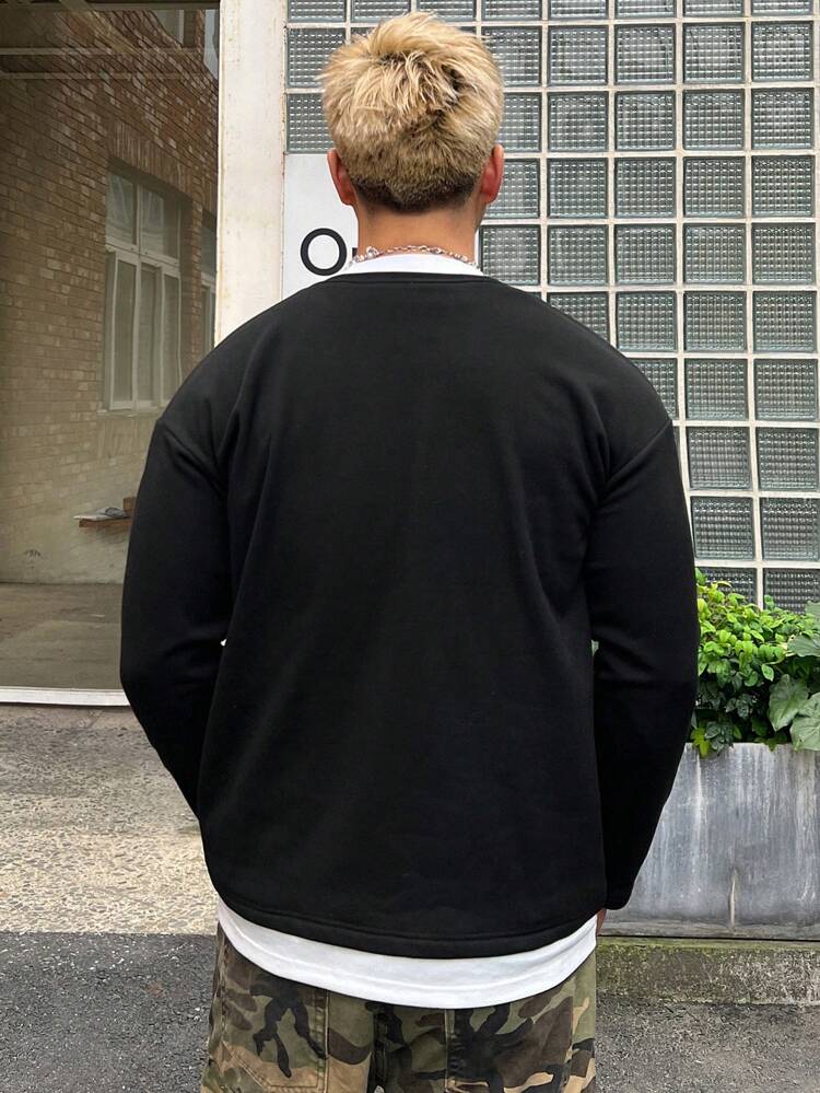 Men's Casual Contrast Color Splice Black Long Sleeve 2 In 1 T-Shirt, Autumn