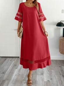 EMERY ROSE Vestido casual de mujer de unicolor con contraste de malla transparente - Rojo - Ver 5