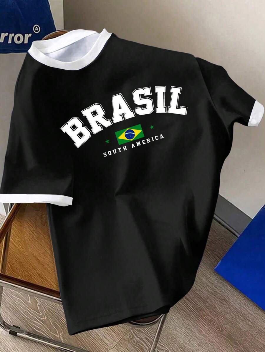 SHEIN EZwear Áo thun tay ngắn cổ tròn họa tiết BRASIL đơn giản, giản dị dành cho nữ, thích hợp cho mùa hè - màu đen - Xem 1