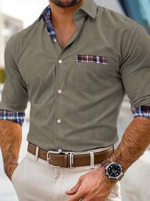 Manfinity Dauomo 男士秋季拼布格子长袖单排扣休闲口袋衬衫 - 綠色 - 查看 1