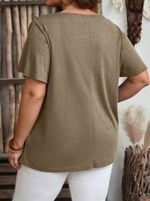 EMERY ROSE Plus Size Solid Color V-Neck Short Sleeve Ruched Casual T-Shirt - Brown - View 2
