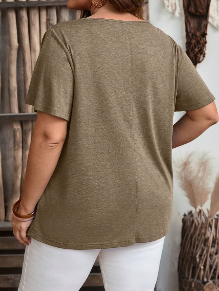 Plus Size Solid Color V-Neck Short Sleeve Ruched Casual T-Shirt