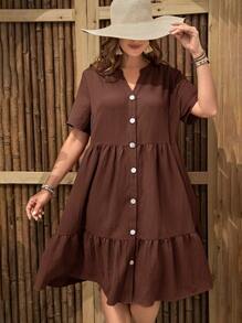 EMERY ROSE Plus Size Women Solid Color V-Neck Short Sleeve Single-Breasted Ruffle Hem Casual Dress,Vacation Outfits Woman,Boho For Women,Summer Outfits For Women/Summer