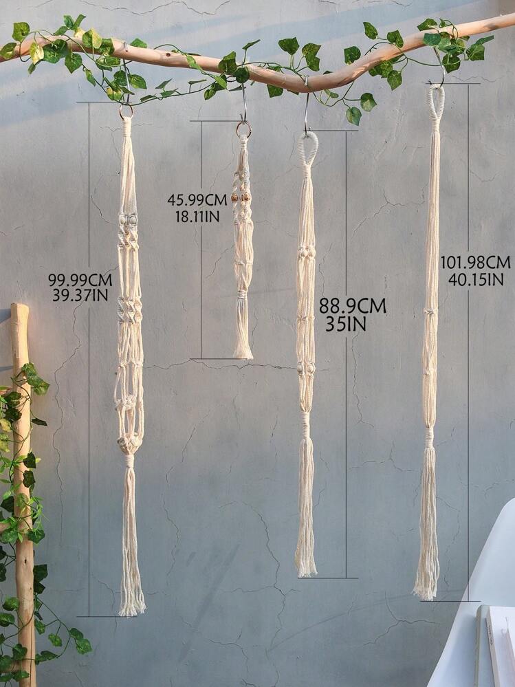 Set de 4 colgadores de plantas tejidos en blanco - 4 longitudes, decoración minimalista con cuentas y flecos, soporte colgante hecho a mano para macetas, decoración de hogar y jardín bohemio, colgador de macetas para exterior con ganchos y cuentas de madera, kit de macramé para plantas de interior - Beis - Añade 2