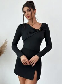 Firerie New Winter Elegant Sexy Party Asymmetric Shoulder Metal Decor Bodycon Bodysuit, Fitted Waist Slimming Black Party Outfit, Valentine's Day - Black - View 6