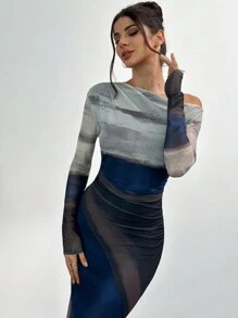 SHEIN Privé 不对称领口荷叶边下摆美人鱼长裙，不对称扎染渐变印花，优雅修身 - 藍色 - 查看 7