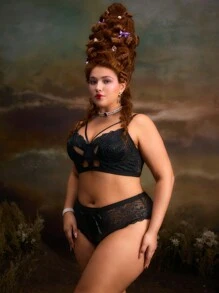 Retro Palace Style 2pcs/Set Plus Size Bralette With Lace Up Front, Wireless Bra Set, Comfortable - Black - View 6