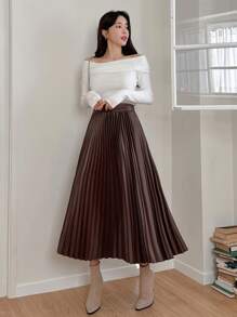 DAZY Women Plain Pleated PU Leather Casual Skirt,Back To School Clothes - Coffee Brown - View 5