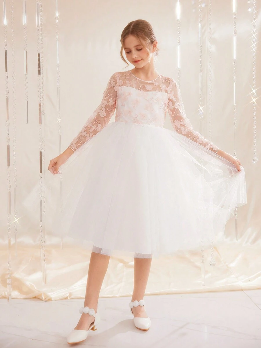 SHEIN Tween Girls Floral Embroidery Long Sleeve Flower Princess Dress, Voluminous Tulle Skirt, Wedding, Birthday Party, Performance For Valentine's Day