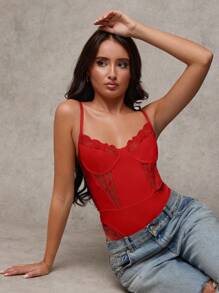 SHEIN BAE Eyelash Lace Panel Bustier Cami Bodysuit